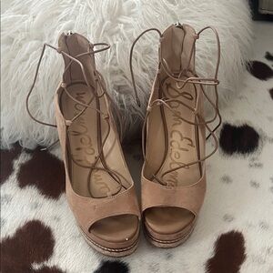 Sam Edelman Nude/Tan Suede Lace-Up Platform Wedges